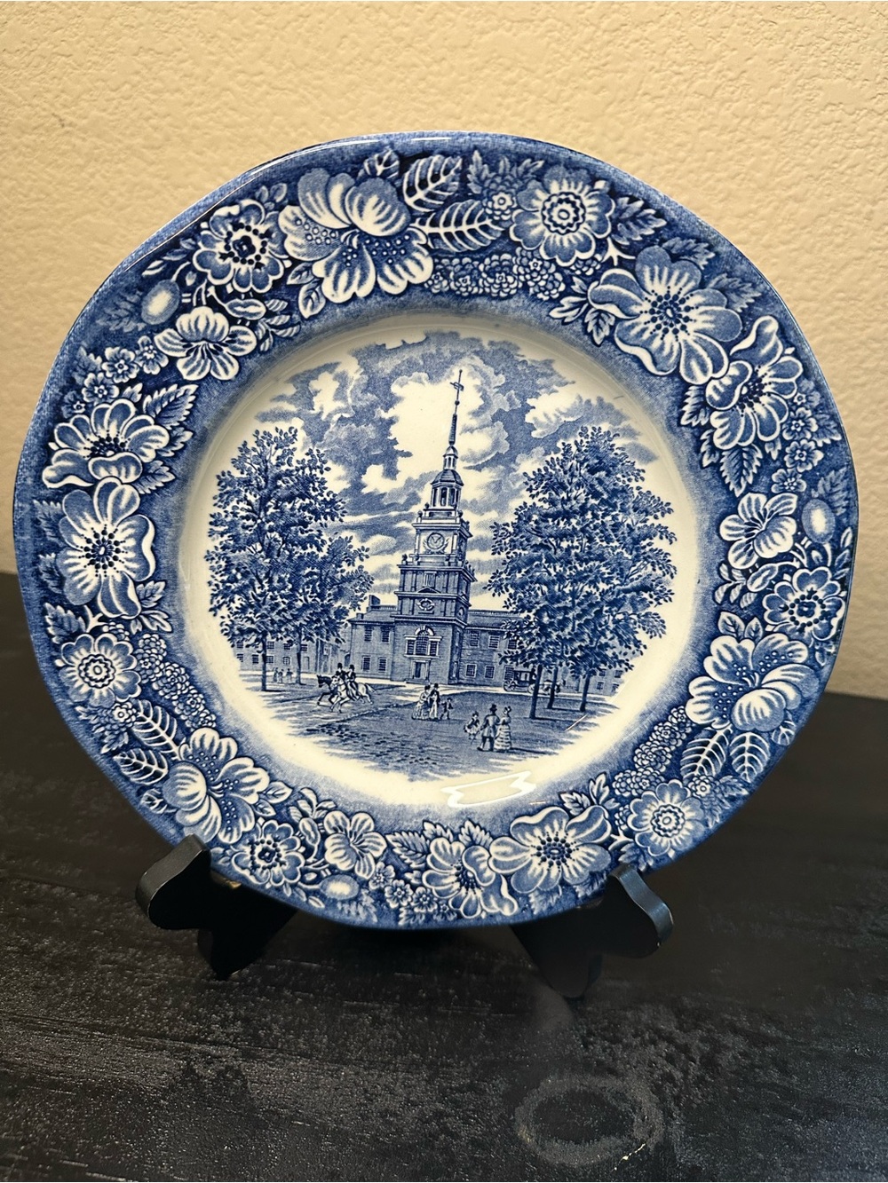 Staffordshire Liberty Blue Stoneware Dinner Plate Featuring Independence hall